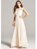 Light Champagne Chiffon Lace Cap Sleeves Long Prom Dress 